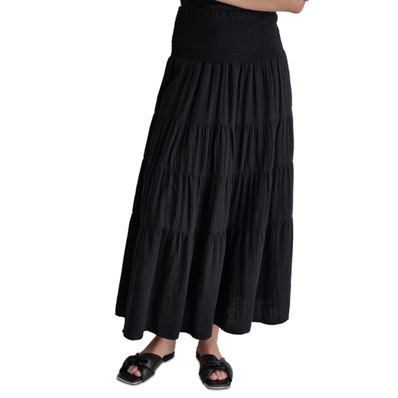 DKNY Women's Cotton Smocked-Waist Tiered Maxi Skirt  in Black Size Large - Picture 3 of 10